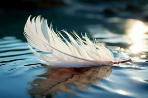 ai generado calma aguas cuna un a la deriva blanco pluma en sereno belleza foto
