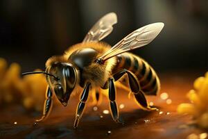 AI generated Insect Elegance Realistic depiction of honey bees collecting pollen up close photo