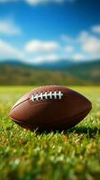 AI generated Closeup of American football on vibrant green field, room for copy Vertical Mobile Wallpaper photo
