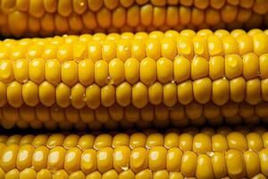 AI generated Seed perfection, raw corn kernels in rows, each adorned with droplets photo