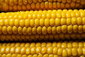 AI generated Seed perfection, raw corn kernels in rows, each adorned with droplets photo