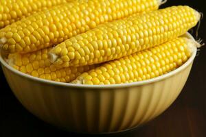 AI generated Vibrant presentation of sweet corns in a bowl on the table photo