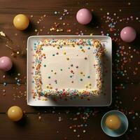 AI generated Image Celebration party top view birthday cake with wishing card and confetti For Social Media Post Size photo