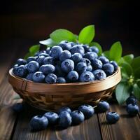 AI generated Selective focus on blueberries in a basket, vintage wooden table For Social Media Post Size photo