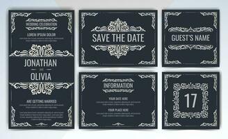 Set of wedding invitations cards with silver ornaments. Elegant classic invite, save the date, table number and information design. Vintage victorian frames and decorations. vector