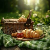 ai generado imagen picnic cesta con croissants y mermelada en un verde cobija para social medios de comunicación enviar Talla foto