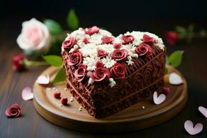 ai generado de madera deleitar, corazón conformado pastel con floral decoración, celebrando especial ocasiones foto