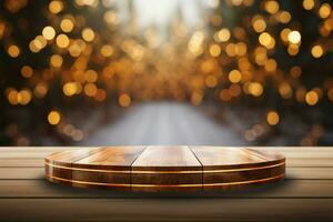 AI generated Elegant display Bokeh wooden podium with ample space for content photo