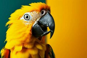 AI generated Avian vibrance sunlit parrot in vivid colors against yellow backdrop photo