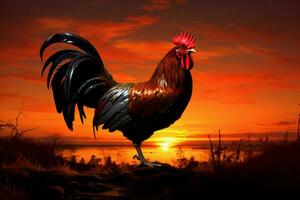 AI generated Roosters herald, morning sunrise paints a silhouette against the dawn photo