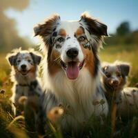 AI generated Aussie dog mom with puppies playing joyfully in green meadow For Social Media Post Size photo