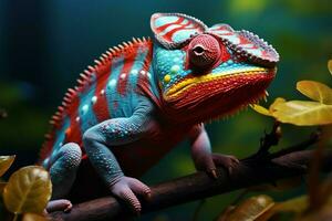 AI generated Closeup colorful chameleon on the branch, changing colors photo