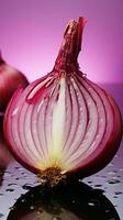 AI generated Onion slice layers on reflective backdrop create a visually vibrant composition Vertical Mobile Wallpaper photo