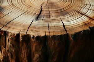 AI generated Saw cut section of a substantial acacia stump in close up view photo