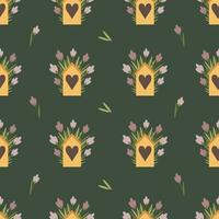 Seamless pattern with tulips and hearts. Vector illustration.