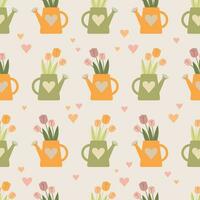 Seamless pattern with tulips in a watering can and hearts. Vector illustration.