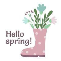 Hello spring. Cute boot with plants in cartoon style. Vector illustration.