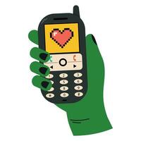 Hand drawn cute cartoon illustration of palm holding retro phone. Isolated on white background. vector