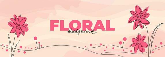 Spring banner design with red flowers, linear and floral elements, watercolor style background. Pink botanical template with line graphics vector