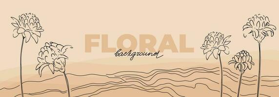 Spring banner design with linear floral elements, stems of ginger flower in desert. Watercolor style background. Beige botanical template with line graphics vector