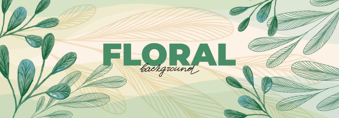 Spring background with watercolor tropical leaves for banner design. Template with ficus branches, stems, leaf, floral linear elements
