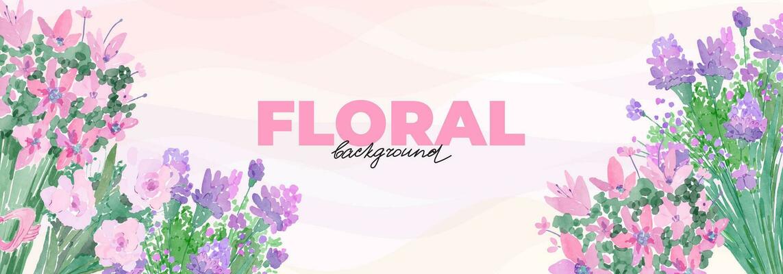 Spring watercolor banner with bouquet of flowers, plants, purple wildflowers, lilies, roses. Hand drawn botanical elements on light pink background. Women's day banner template