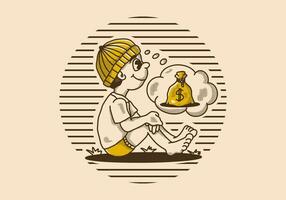 Retro character illustration of a beanie boy sitting and daydreaming vector