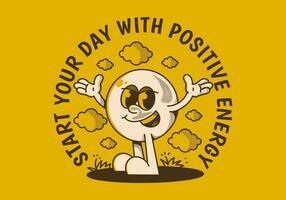 Start your day with positive energy. Ball head character with hands up and happy expression vector