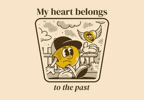 My heart belong to the past. Character illustration of a ball head and flying heart vector