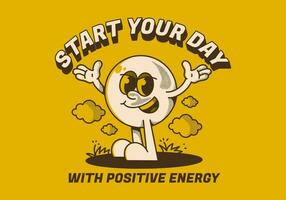 Start your day with positive energy. Ball head character with hands up and happy expression vector