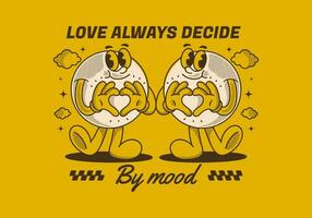 Love always decide by mood. Ball character with happy face, hands forming heart sign vector