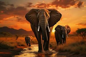 AI generated Evening shot in Kruger National Park elephants crossing the Olifant River photo