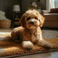 AI generated At home charm Adorable poodle dog on the cozy living room carpet For Social Media Post Size photo