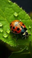 ai generado delicado mariquita en verde hojas borde, un vibrante miniatura espectáculo vertical móvil fondo de pantalla foto