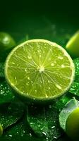 AI generated Citrus allure Fresh lime slice glistens on vibrant green backdrop Vertical Mobile Wallpaper photo