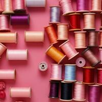 AI generated Pink backdrop with colorful thread spools and buttons, top view For Social Media Post Size photo