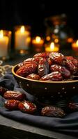 AI generated StockImage Selective focus big luxury dried date fruit in bowls Vertical Mobile Wallpaper photo