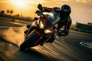 AI generated Sport motorcycles racing on a track, rider speeding at sunset photo