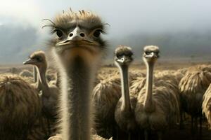 AI generated Majestic ostriches in misty farm setting, under soft cloud cover photo