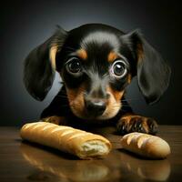 ai generado perro tejonero cachorro codicia tratar, ojos fijo en el tentador premio para social medios de comunicación enviar Talla foto