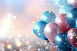 AI generated Bokeh background with blue and pink balloons, snowflakes, and confetti photo