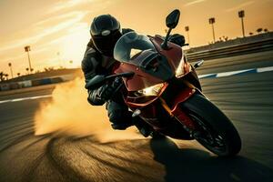 AI generated Extreme athlete on a sport bike races fast at sunset photo