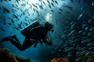 ai generado submarino aventura, escafandra autónoma buzo inmerso, peces en fascinante formación foto