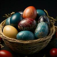 AI generated Dark themed setting with a basket of beautifully colored Easter eggs For Social Media Post Size photo