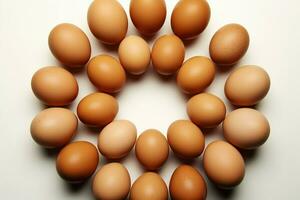 ai generado huevo simetría marrón pollo huevos formando un Perfecto circulo en blanco foto