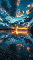 AI generated Dawn spectacle Time lapse captures clouds dancing over a tranquil lake Vertical Mobile Wallpaper photo