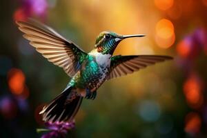 ai generado agraciado colibrí bailes en naturalezas abarcar, un revoloteando joya foto