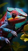 AI generated Colorful chameleon changing its colors, close up on the branch Vertical Mobile Wallpaper photo