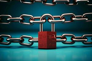 AI generated Safety statement red chain and padlock on blue background represent security photo