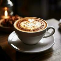 AI generated Coffee shop ambiance cup of cappuccino with heart shaped latte art For Social Media Post Size photo